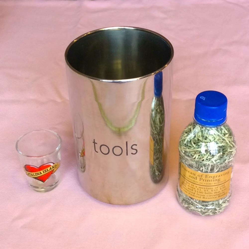 FINAL SALE PRICE Metal Tool Caddy, Shot Glass & Money in a Bottle
